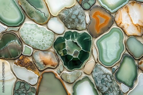 A captivating mosaic of polished green, orange, and white agate stones arranged in a visually stunning pattern. photo