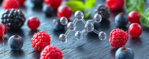 Sucralose health concept. Molecular structure of sucralose surrounded by fresh berries photo