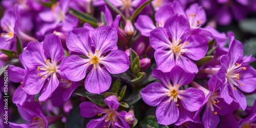 Close up of vibrant purple flower petals and leaves in full bloom, full bloom, purple, leaves