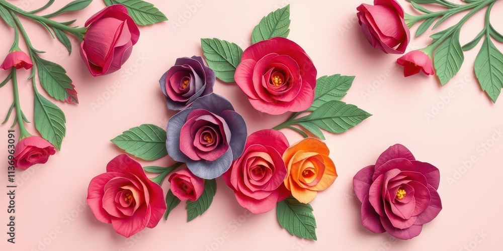 Naklejka premium Colorful paper roses arranged in a beautiful backdrop, roses, design, paper