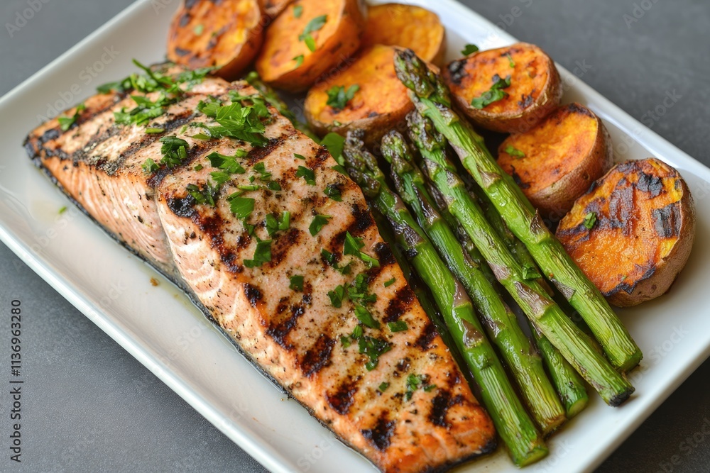 Grilled salmon fillet served with roasted asparagus and sweet potatoes.