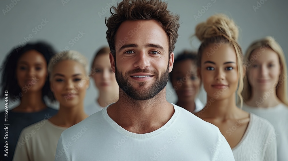 A man with a beard and a white shirt is smiling at the camera. There are several other people in the background, including a woman with a ponytail A man with a beard and a white shirt is smiling at the camera. There are several other people in the background, including a woman with a ponytail