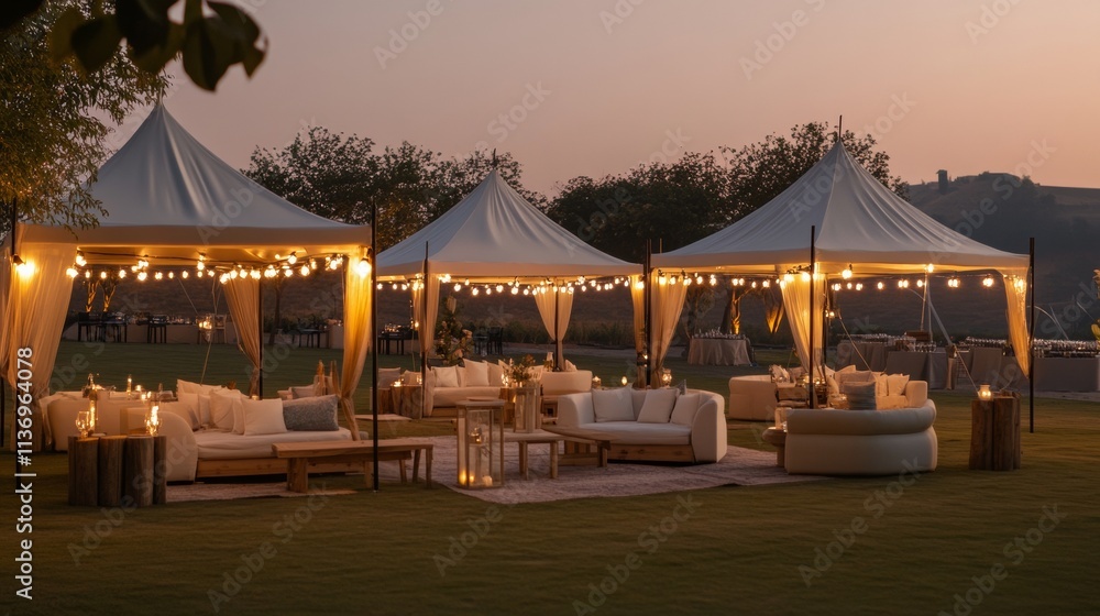 Elegant Outdoor Event Setup at Dusk Featuring Cozy Seating and Warm Lighting Elegant Outdoor Event Setup at Dusk Featuring Cozy Seating and Warm Lighting