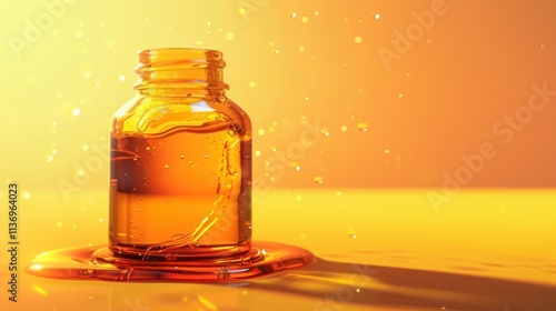 Amber Glass Bottle Filled with Shiny Golden Liquid Reflecting Light on a Bright Studio Background  The Transparent Liquid Looks Like Honey Oil or a Natural Potion or Elixir photo