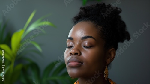 A woman with closed eyes sits peacefully in a serene space filled with plants, deep in thought and displaying sadness