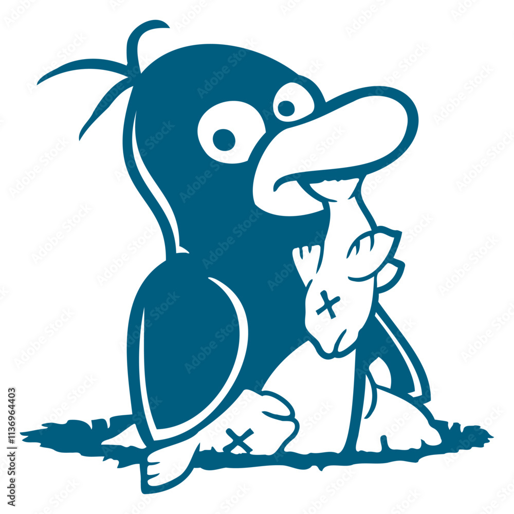 Obraz premium Penguin Eats Fish Caught Ground Hole Hunger Cool Design Lover Art Vector Illustration Card T-Shirt Poster Sticker Graphic Print Decorative Drawing Isolated Logo Decoration Symbol Creative Cool Style