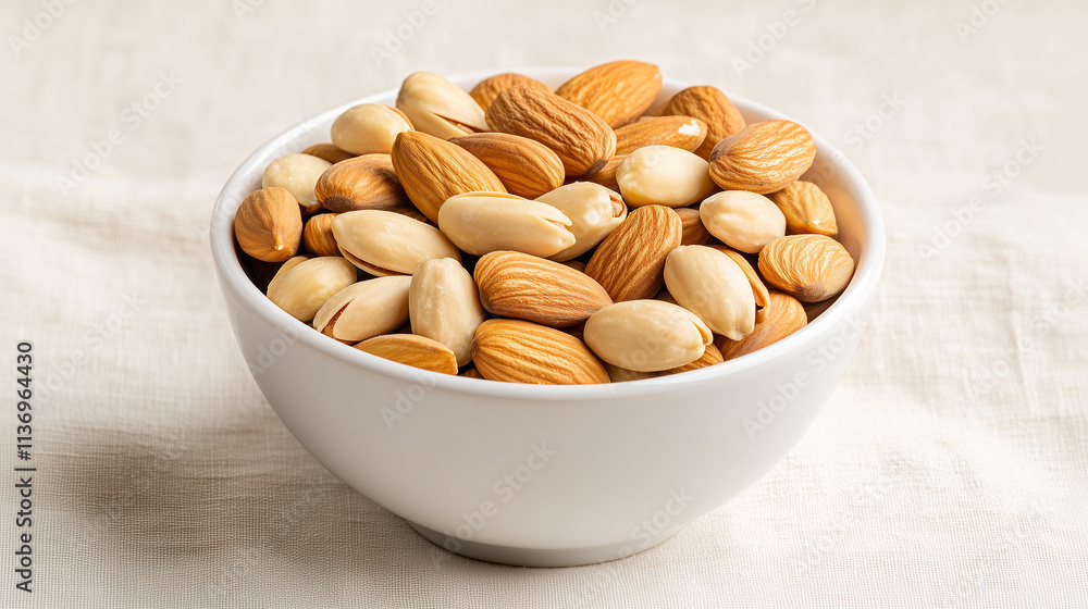 Healthy and delicious snack in a white bowl with almonds and peanuts. A nutritious and filling treat. Healthy and delicious snack in a white bowl with almonds and peanuts. A nutritious and filling treat.