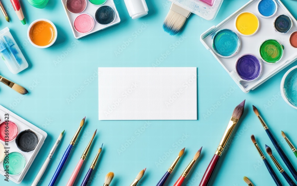 Naklejka premium A clean gift card surrounded by vibrant art supplies like paintbrushes, watercolor palettes, and colored pencils on a soft blue background
