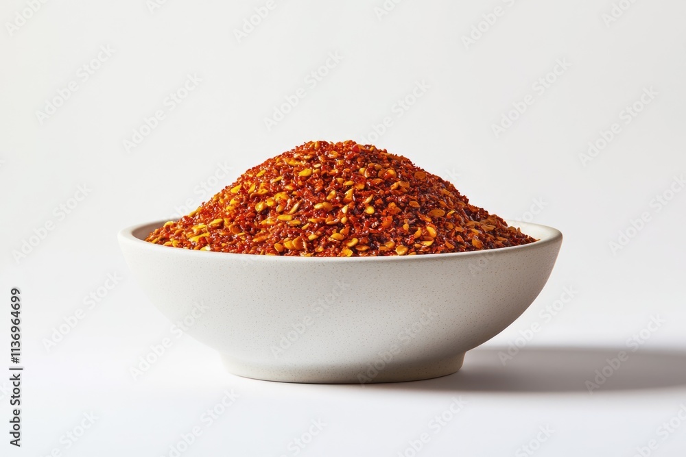 A bowl of red chili flakes and sesame seeds, a spicy condiment. A bowl of red chili flakes and sesame seeds, a spicy condiment.