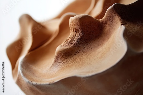 Close-up of a textured, earthy-toned ceramic sculpture with undulating forms. photo