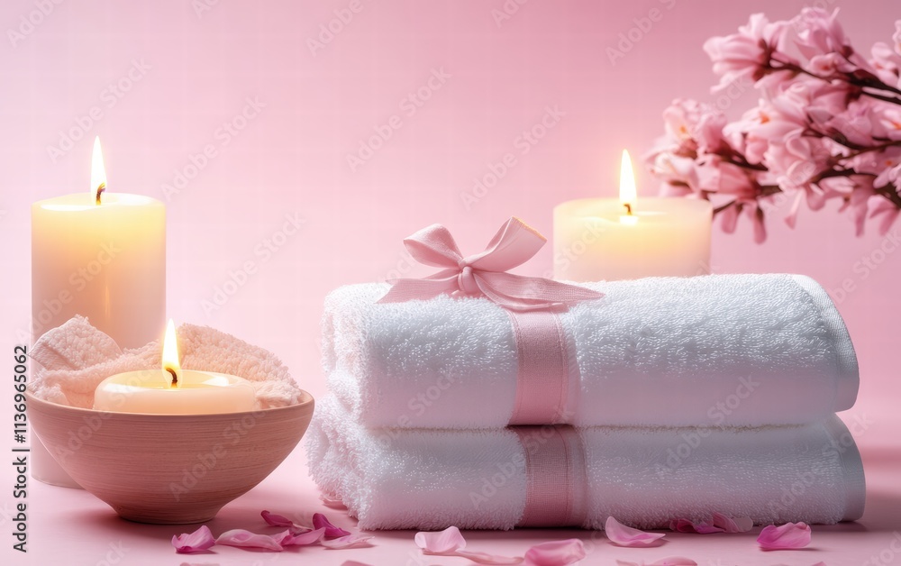 A luxurious blank spa voucher displayed with fluffy towels, glowing candles, and a bowl of flower petals on a light pastel pink background A luxurious blank spa voucher displayed with fluffy towels, glowing candles, and a bowl of flower petals on a light pastel pink background