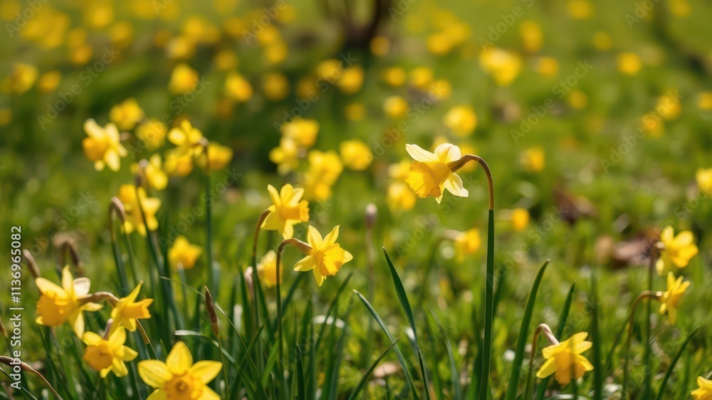 Vibrant daffodil flowers blooming in a field on a sunny day, seasonal, countryside, sunny Vibrant daffodil flowers blooming in a field on a sunny day, seasonal, countryside, sunny