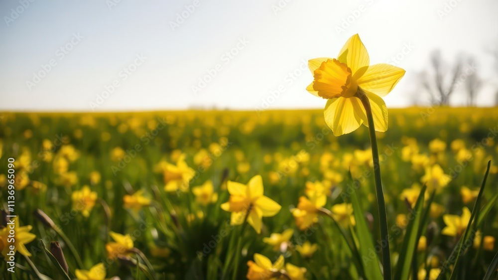 Obraz premium Vibrant daffodil flowers blooming in a sunlit field, yellow, vibrant
