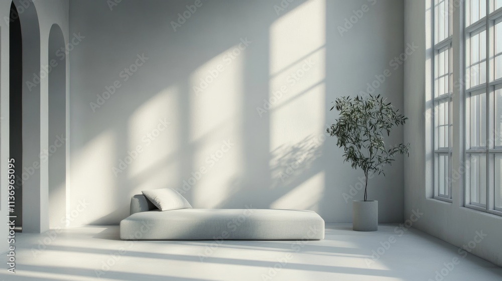 Minimalist bedroom with natural light, a bed, and a potted plant creating a serene atmosphere Minimalist bedroom with natural light, a bed, and a potted plant creating a serene atmosphere