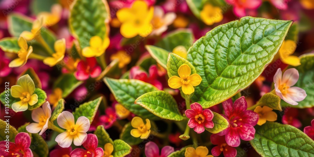 Vibrant purple flower petals and leaves close-up, colorful, background, spring Vibrant purple flower petals and leaves close-up, colorful, background, spring