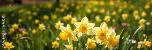 Vibrant yellow daffodil flowers blooming in a picturesque field under the sunlight, petals, sunny, blooming