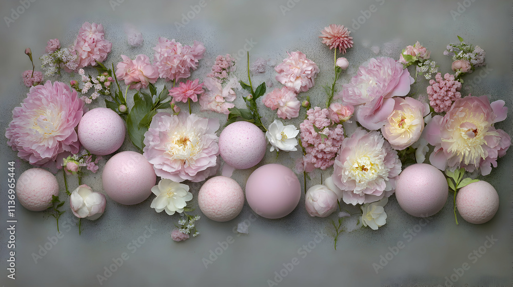 Delicate pink peonies and pastel spheres arranged on a gray textured background. A beautiful floral and textured composition. Delicate pink peonies and pastel spheres arranged on a gray textured background. A beautiful floral and textured composition.