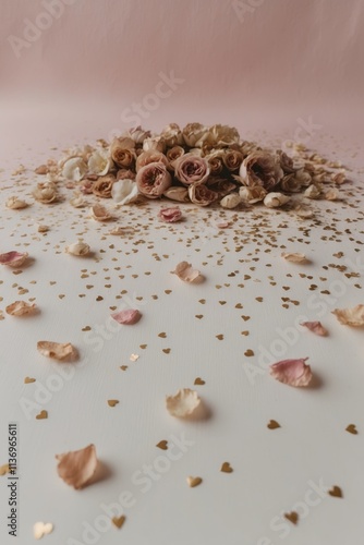 pastel pink canvas adorned with scattered rose petals and golden heart confetti softly lit and surrounded by copy space photo