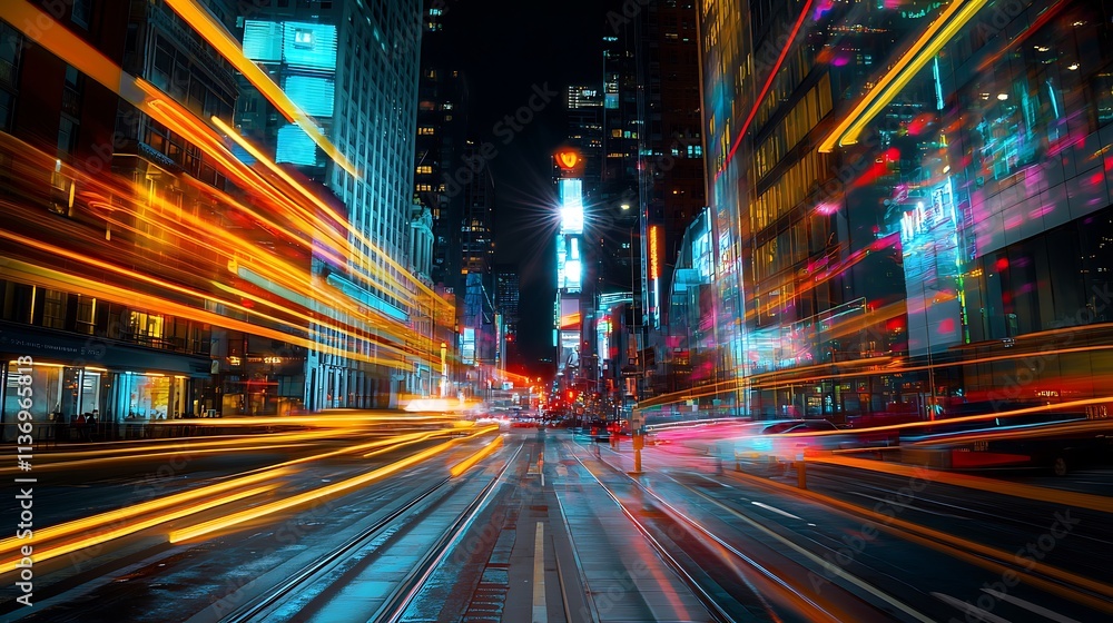 Night City Street Scene With Light Trails And Buildings Night City Street Scene With Light Trails And Buildings