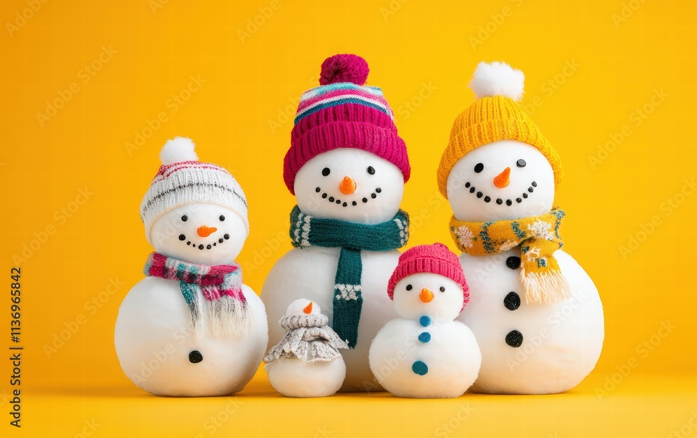A snowman family with colorful hats and scarves on a vivid yellow background A snowman family with colorful hats and scarves on a vivid yellow background