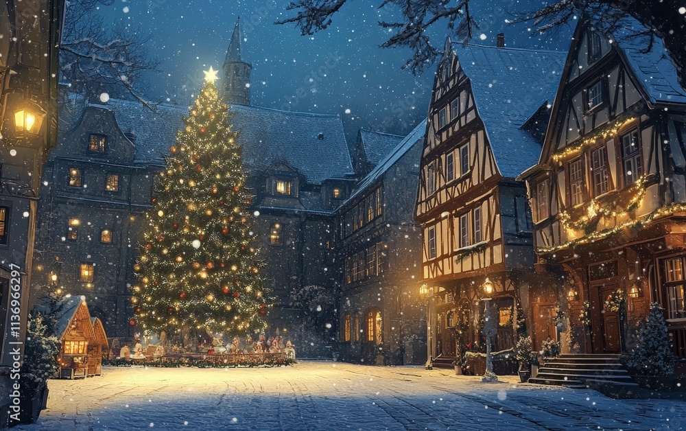 A traditional European hotel with a snowy courtyard, a large outdoor Christmas tree, and twinkling fairy lights A traditional European hotel with a snowy courtyard, a large outdoor Christmas tree, and twinkling fairy lights
