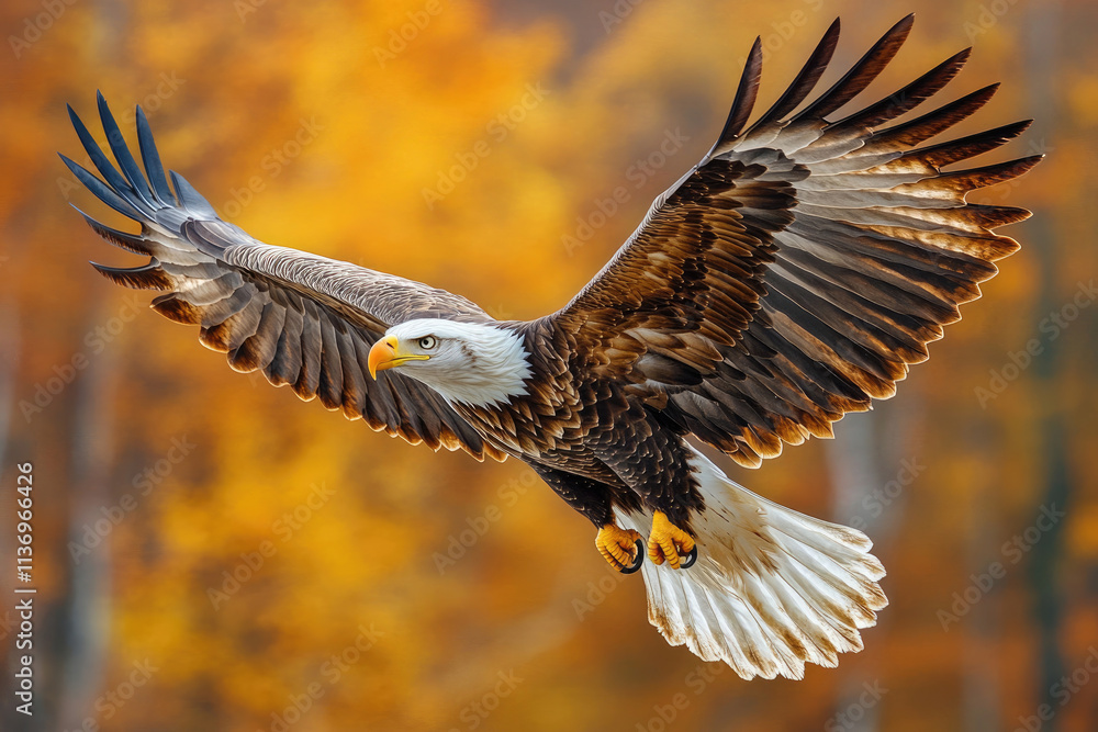 Obraz premium Bald Eagle in Flight Against Autumn Background