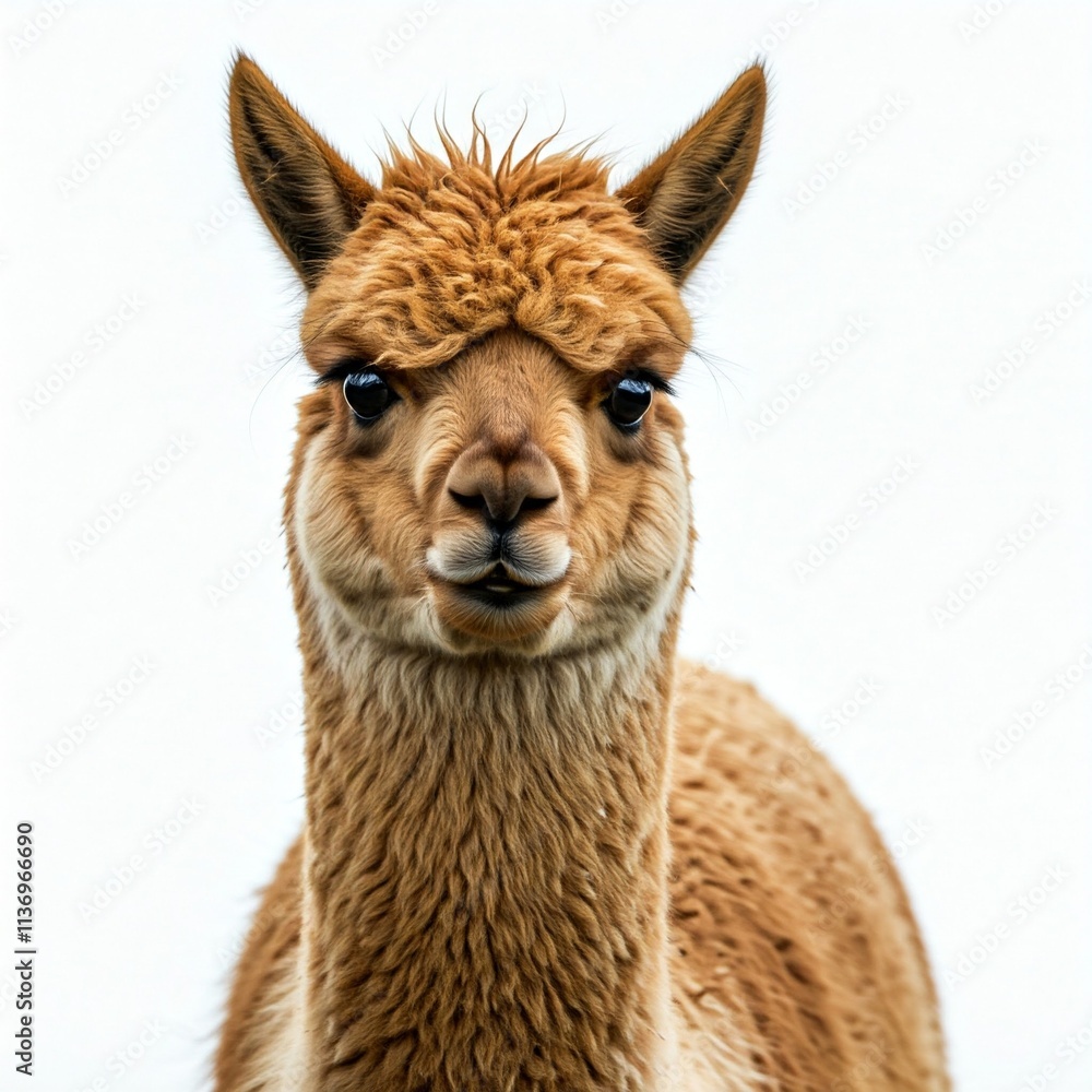 Close up of an alpaca on a plain white background