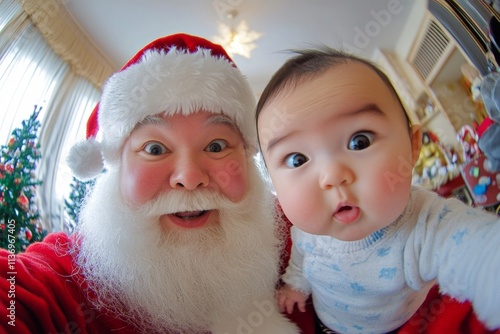 Xmas promotion concept design idea pic for ad page and digital use. Jolly christmas, Ñute baby boy amused with santa claus. Santa claus christmas ad. Santa claus child happy. Xmas joy graph. photo