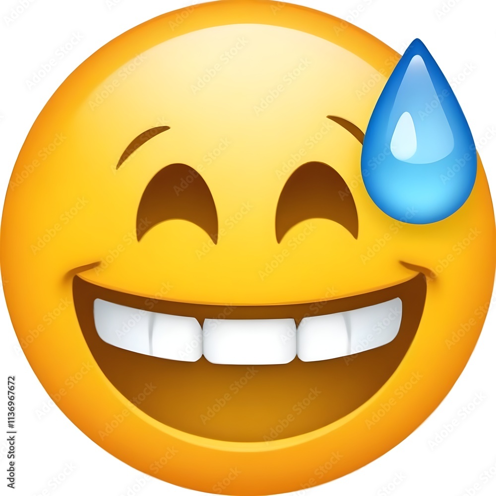 A smiling yellow emoji face with a large grin and a single blue teardrop A smiling yellow emoji face with a large grin and a single blue teardrop