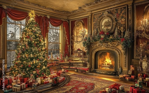Wallpaper Mural Festive Victorian-style room with an ornate fireplace, a lavishly decorated tree, and a train set circling around the presents Torontodigital.ca