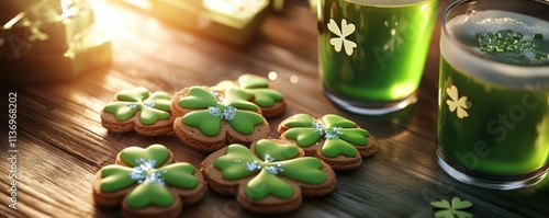 St. Patrick's Day shamrock cookies and green beverages, photo