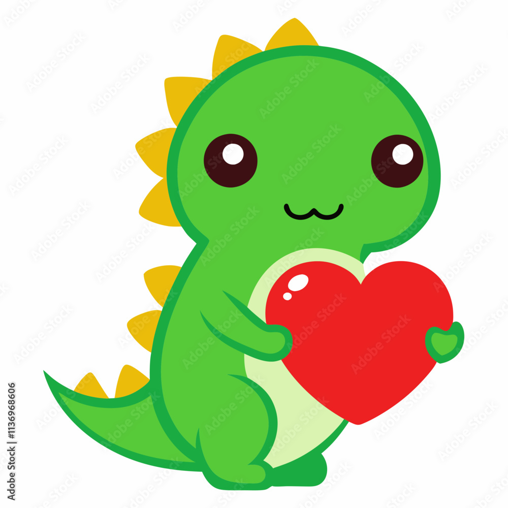 Adorable Dinosaur Holding a Red Heart - Valentine’s Day Cute Cartoon Illustration Adorable Dinosaur Holding a Red Heart - Valentine’s Day Cute Cartoon Illustration