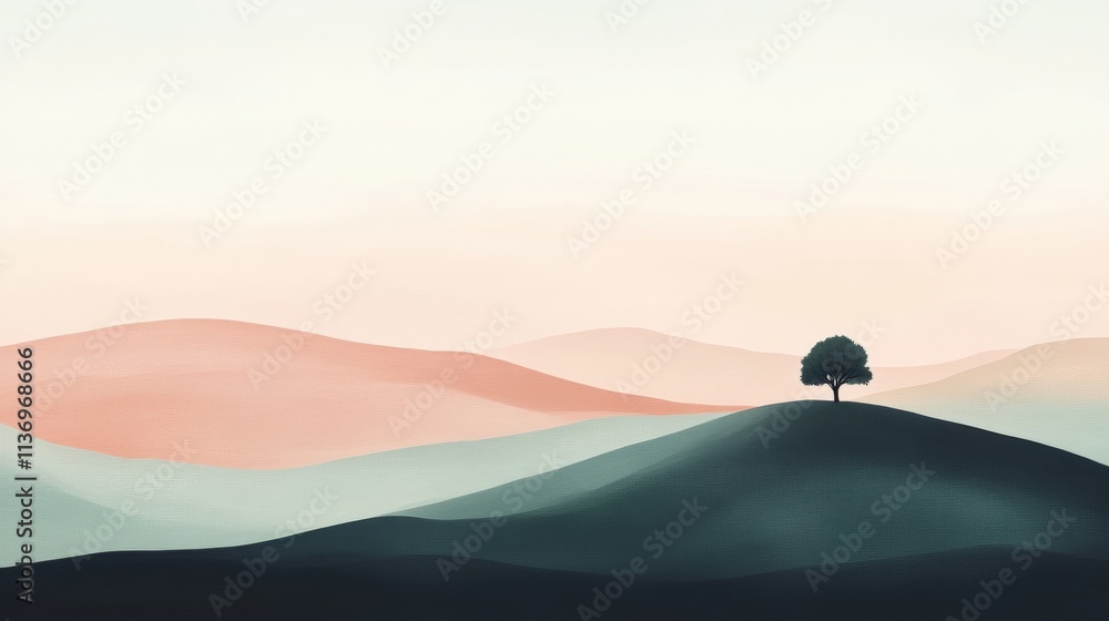Serene Landscape with Isolated Tree Against a Gradual Color Palette of Pastel Hues Serene Landscape with Isolated Tree Against a Gradual Color Palette of Pastel Hues