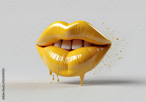 3d Realistic yellow Female Lips. Love, Sexy, Beauty Concept. Fashion, Makeup, Romance.