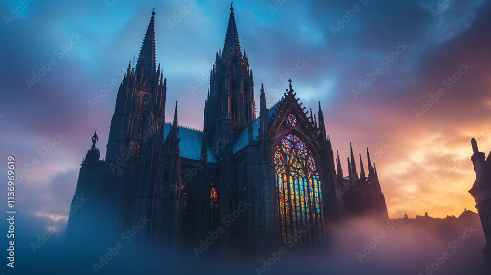 Naklejka premium A Gothic cathedral with towering spires, stained-glass windows, and an ethereal mist swirling around its base at twilight.