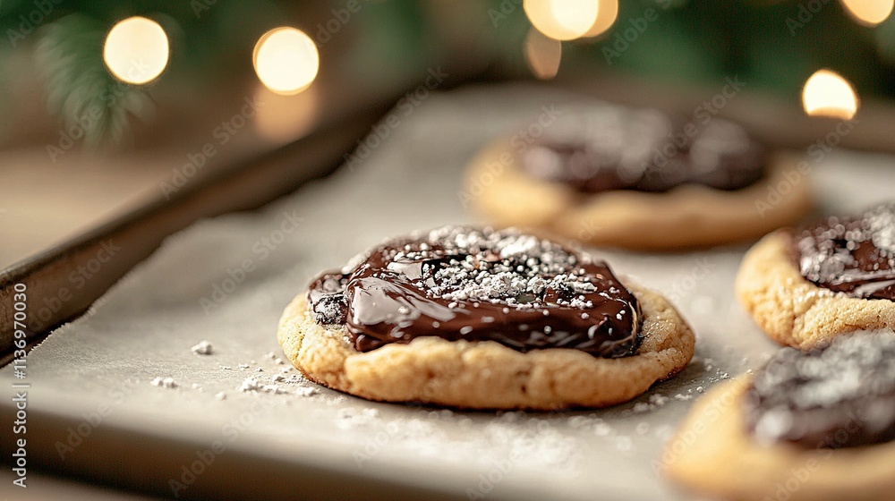 Cookies with chocolate frosting and sprinkles on a Christmas tree-themed baking sheet Cookies with chocolate frosting and sprinkles on a Christmas tree-themed baking sheet