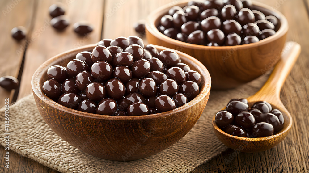 Delicious dark chocolate candies in wooden bowls on rustic wooden table. Sweet treat, confectionery, gourmet. Delicious dark chocolate candies in wooden bowls on rustic wooden table. Sweet treat, confectionery, gourmet.