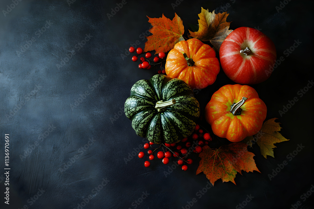 Autumn harvest still life with colorful pumpkins, red berries, and fall leaves on dark background. Perfect for Thanksgiving, autumnal themes, and seasonal designs. Autumn harvest still life with colorful pumpkins, red berries, and fall leaves on dark background. Perfect for Thanksgiving, autumnal themes, and seasonal designs.