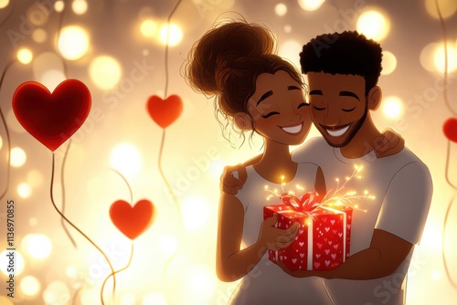 A loving couple celebrates Valentines Day together, with a gift, colorful hearts, and twinkling lights, embodying true love and creating cherished memories theyll treasure always photo