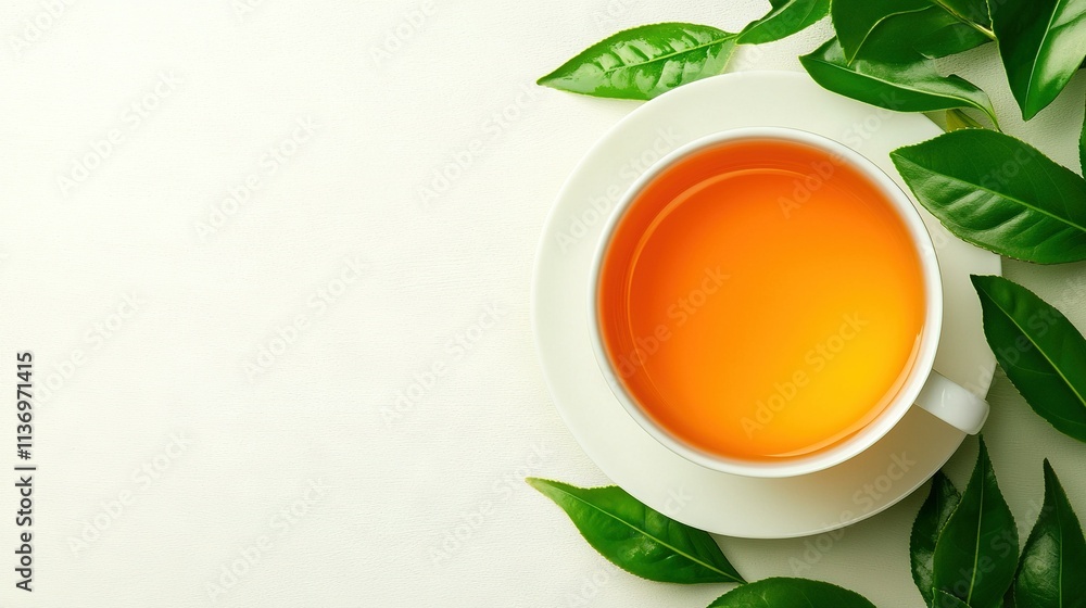 Tea on leaf-surrounded saucer, white background Tea on leaf-surrounded saucer, white background
