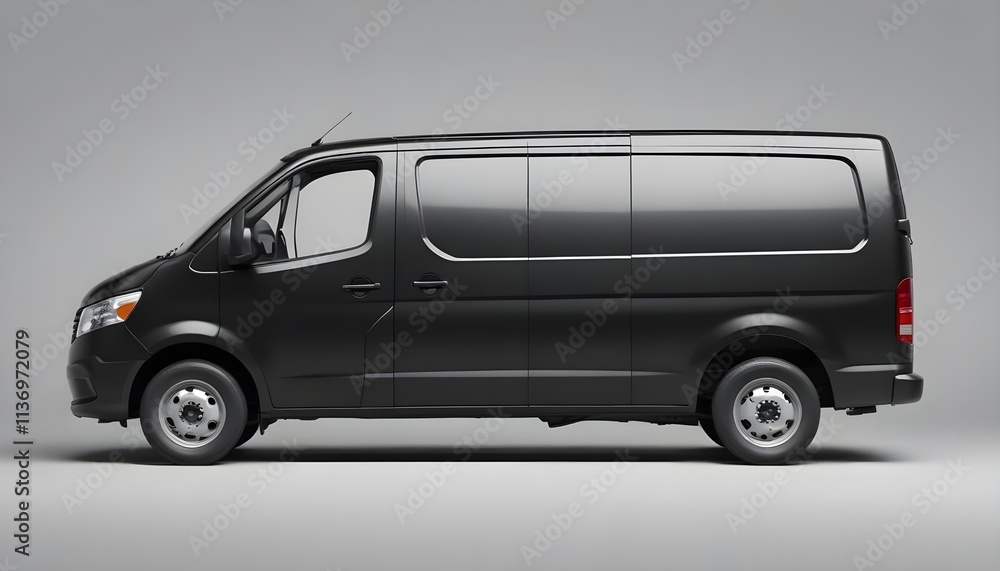 A black cargo van with a blank side panel, parked on a plain background A black cargo van with a blank side panel, parked on a plain background