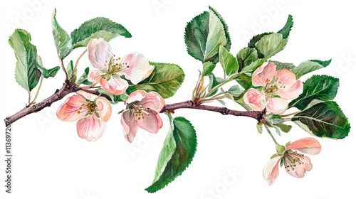 Branch of blossoming apple tree with pink flowers. Watercolor. Spring concept.