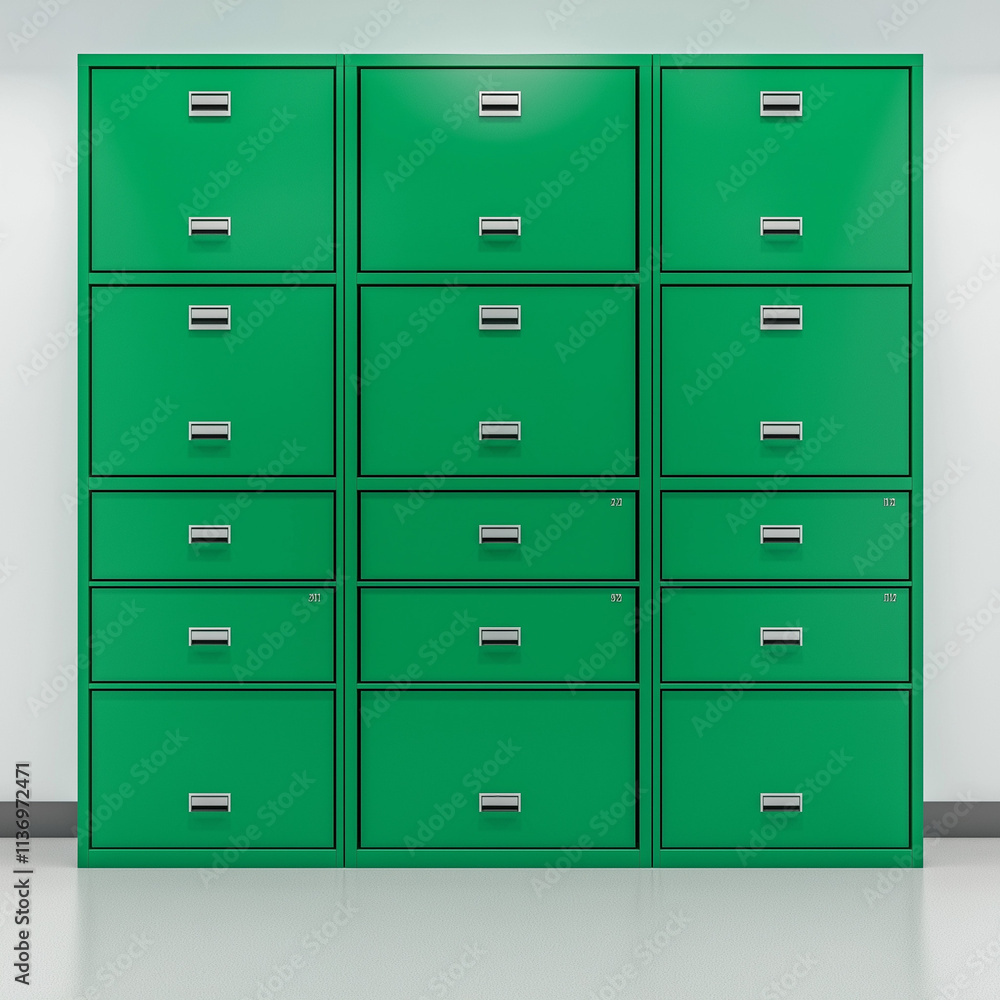 Green Filing Cabinet in Archive Room: Close-Up on Organizational Style Green Filing Cabinet in Archive Room: Close-Up on Organizational Style