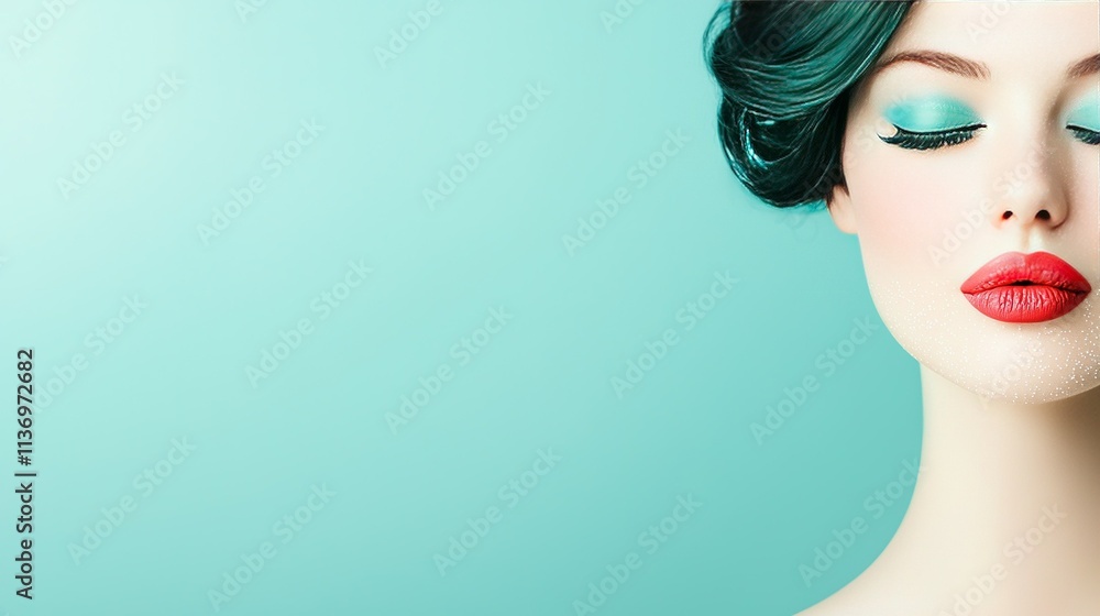 A close-up portrait of a woman with vibrant green hair, striking blue eyeshades, and bold red lipstick on her lips A close-up portrait of a woman with vibrant green hair, striking blue eyeshades, and bold red lipstick on her lips