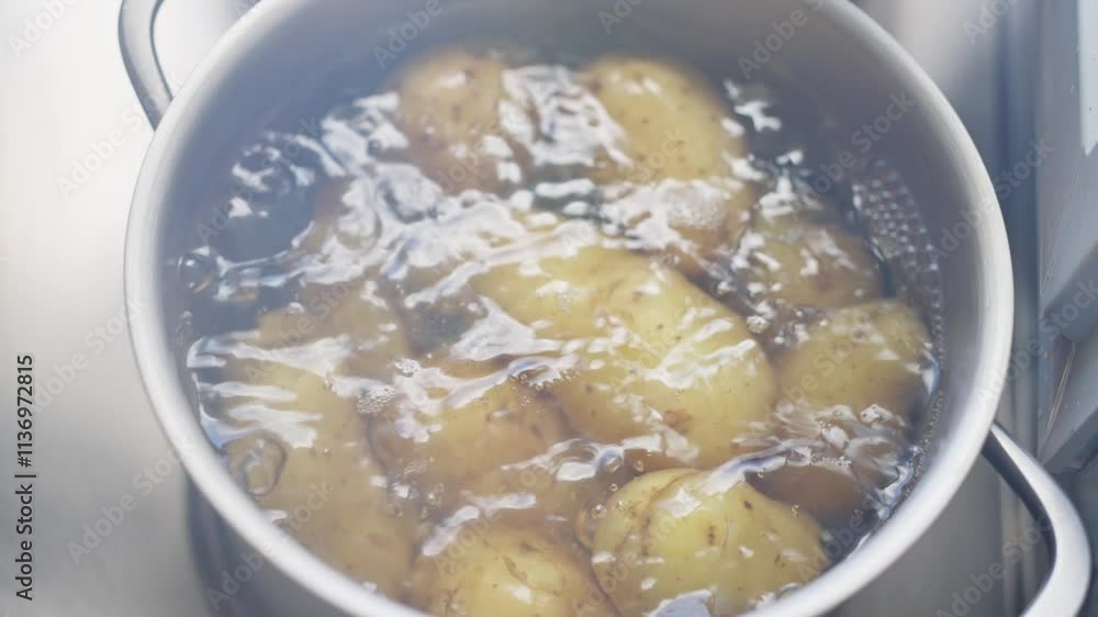 Fresh potatoes are currently boiling in water, perfectly prepared for cooking or further meal preparation. Slow motion