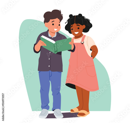 Cute preschool boy girl children cartoon friend characters standing with book in hands and reading