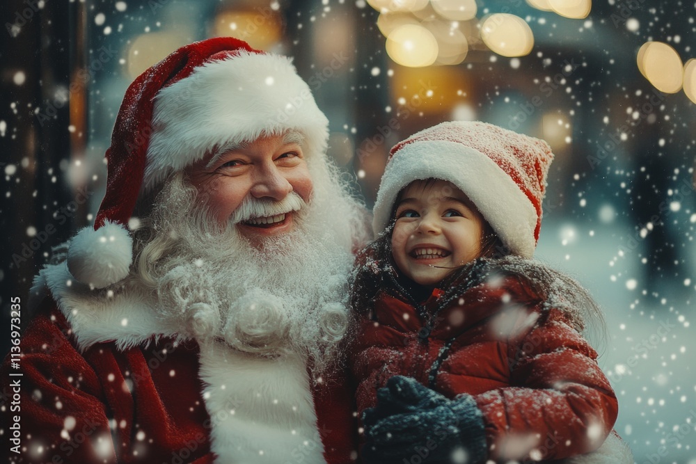 Christmas advertising concept image for print and online use. Merry christmas, Ñute child girl joyful with santa claus. Joyful christmas banners. Santa ad baby happy. Holiday warmth promotions. Christmas advertising concept image for print and online use. Merry christmas, Ñute child girl joyful with santa claus. Joyful christmas banners. Santa ad baby happy. Holiday warmth promotions.