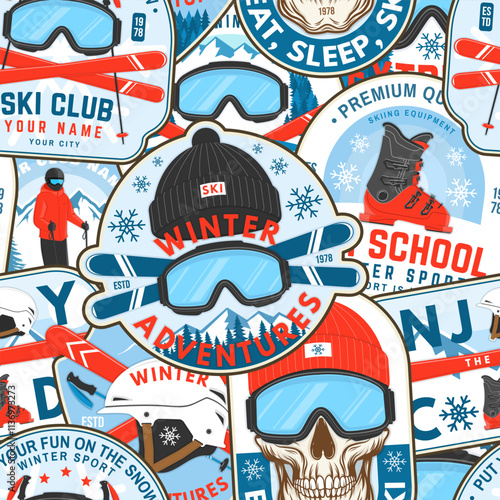 Ski winter sport club retro seamless pattern. Background, wallpaper, seamless pattern with ski pole, skis, ski glasses and helmet. Vector illustration