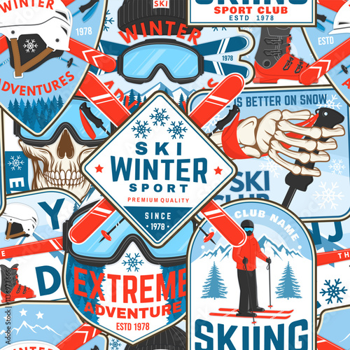 Ski winter sport club retro seamless pattern. Background, wallpaper, seamless pattern with ski pole, skis, ski glasses and helmet. Vector illustration