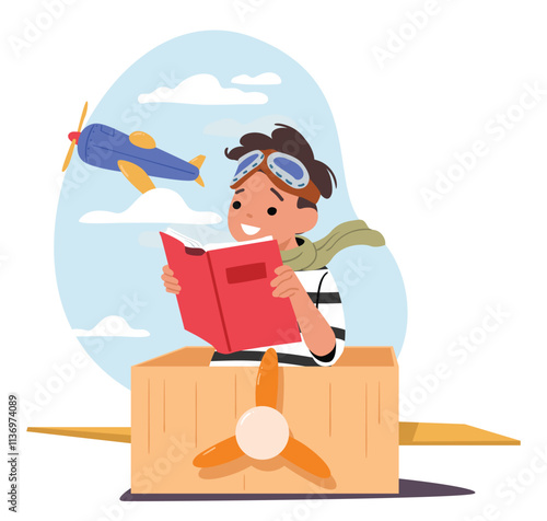 Cute little boy cartoon character imagining himself like pilot reading paper book about aviation